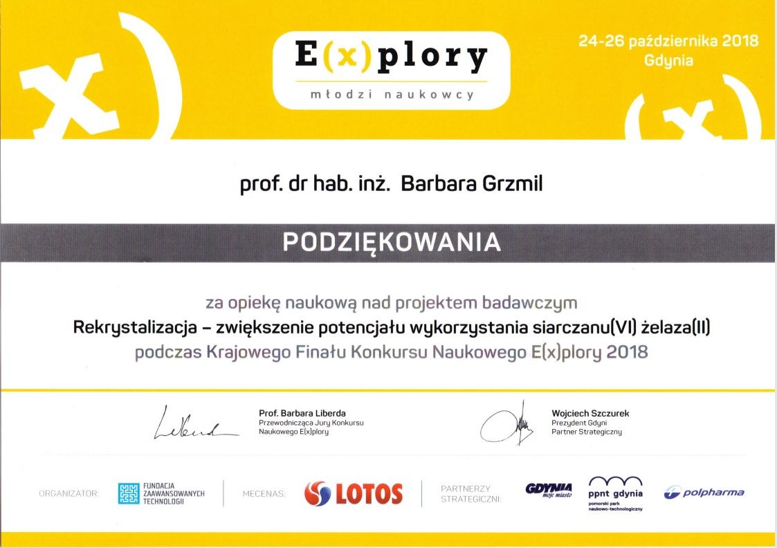 Podziękowanie od organizatora konkursu dla Pani prof. dr hab. inż. Barbara Grzmil za opiekę naukową nad projektem.