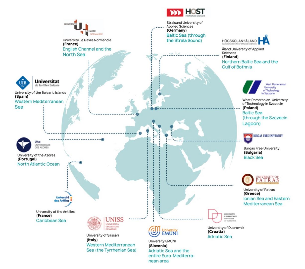 Map showing 12 Universities of EUNICoast